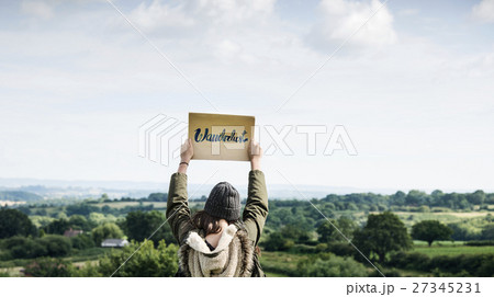 Woman Rear View Top Mountain Carefree Cloudscape Wanderlust Concept Woman Rear View Top Mountain Carefree Cloudscape Wanderlust Concept 27345231
