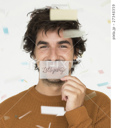 Man Smiling Happiness Let's Party Celebration Placard Concept Man Smiling Happiness Let's Party Celebration Placard Concept 27348359