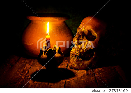 Skull and candle with candlestick on background Skull and candle with candlestick on background 27353169