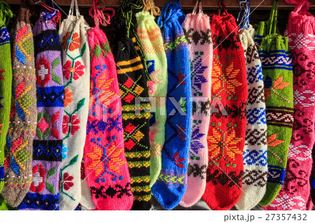 Bunch of handmade colorful woolen socks Bunch of handmade colorful woolen socks 27357432