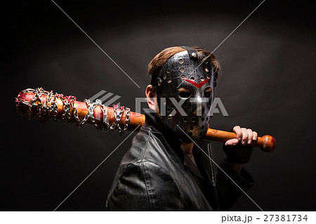 Bloody maniac in mask and black leather coat Bloody maniac in mask and black leather coat 27381734