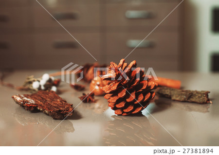 Florist decoration elements set on the table. Florist decoration elements set on the table. 27381894
