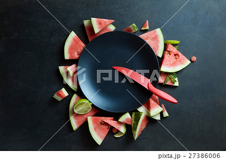 Watermelon slices on a black plate 27386006