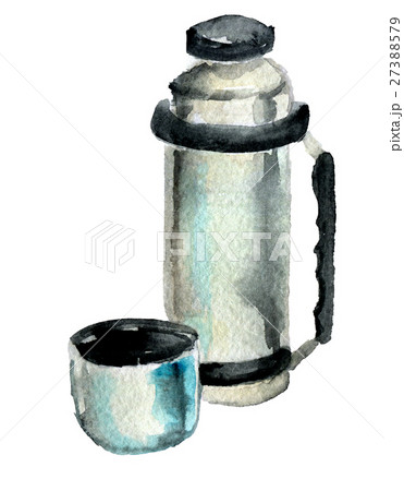 watercolor sketch of metal thermos on white 27388579
