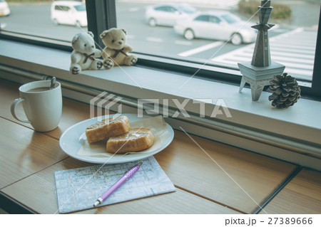 cup of coffee and Peanut butter bread on wooden cup of coffee and Peanut butter bread on wooden 27389666