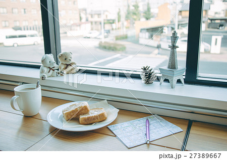 cup of coffee and Peanut butter bread on wooden cup of coffee and Peanut butter bread on wooden 27389667