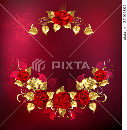 Symmetrical garland of gold and red roses 27405305