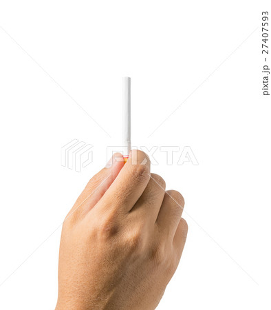 Cigarette in male hand isolated on white 27407593
