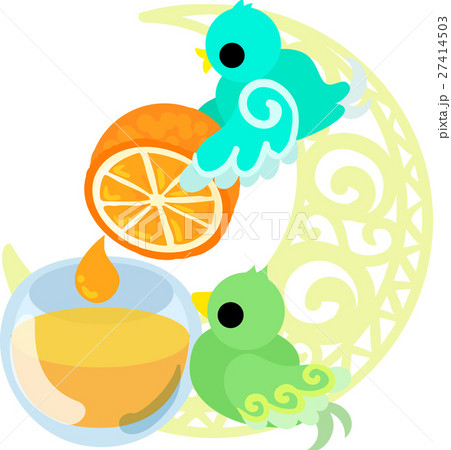 不思議な模様の可愛い小鳥達とオレンジジュースのイラスト素材