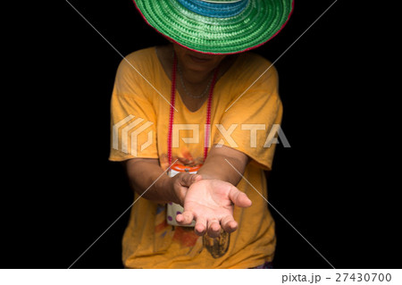 Conceptual Refugee woman raising her hand for help 27430700