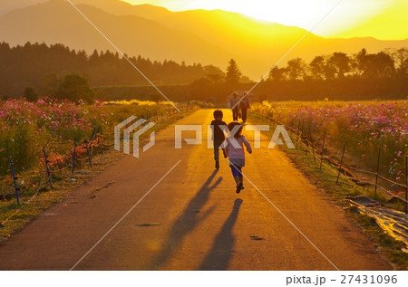 夕日に向かって走る子供たちの写真素材