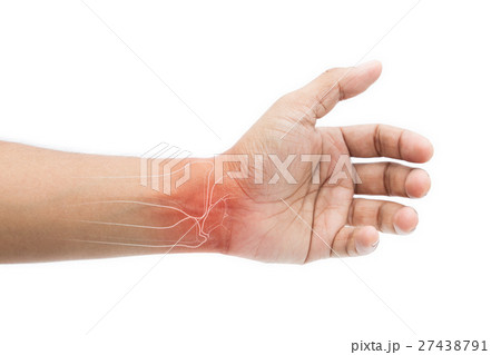 Man massaging painful wrist on a white background Man massaging painful wrist on a white background 27438791