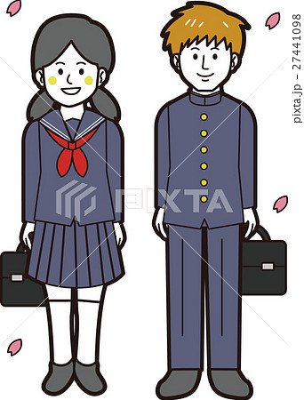 学ランの男子学生とセーラー服の女子学生 全身 桜背景 のイラスト素材