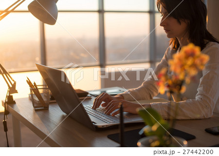 Female teleworker texting using laptop and Female teleworker texting using laptop and 27442200