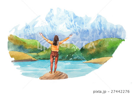 Woman looking at natural landscape in the Alps Woman looking at natural landscape in the Alps 27442276