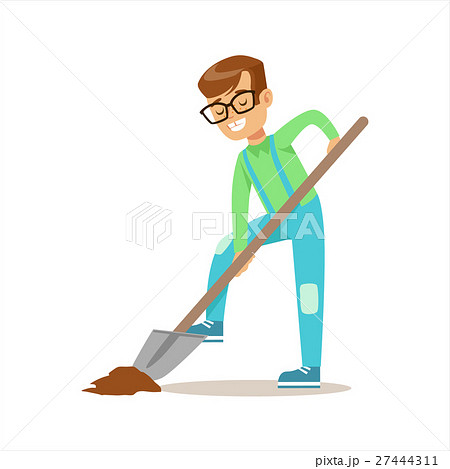 Boy Digging With Shovel Helping In Eco Friendlyのイラスト素材