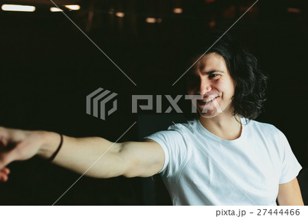 Beautiful long haired brunette guy in white t Beautiful long haired brunette guy in white t 27444466