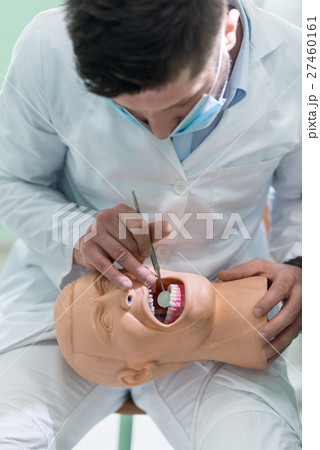 Male dental student practicing on doll. 27460161