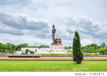 Buddha black statue standing in green decoration 27461673
