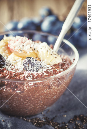 Chocolate chia pudding with fruits in the glass Chocolate chia pudding with fruits in the glass 27463951