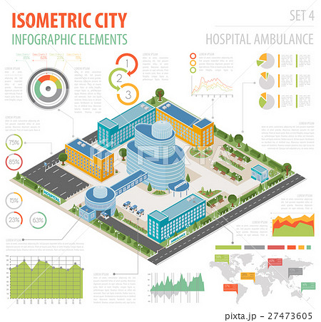 Flat 3d isometric clinic complex and city map 27473605