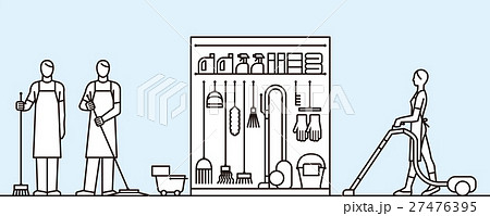 掃除用具と掃除する人のイラスト素材