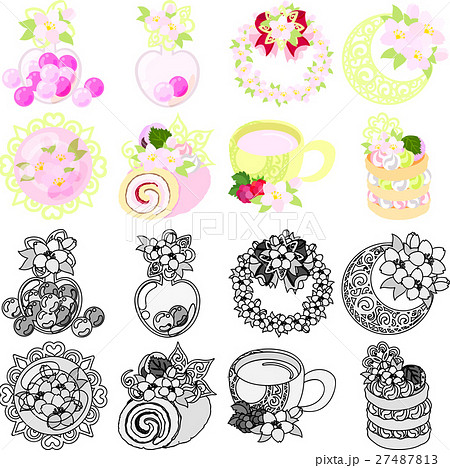 キャンディやリースや宝石やロールケーキやラテやパンケーキなどの 可愛い桜のアイコンのイラスト素材