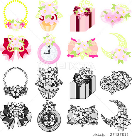 ネックレスやカップケーキやプレゼントや宝石やリボンや時計やなどの 可愛い桜のアイコンのイラスト素材