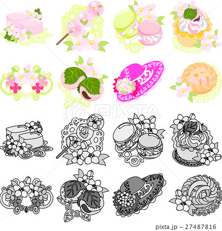 ゼリーやマカロンやタルトやケーキやティアラや帽子やパイやなどの 可愛い桜のアイコンのイラスト素材