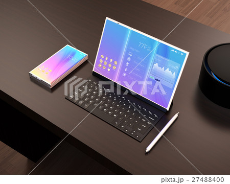 タブレットPCにスマート家電を制御する画面が表示されている 27488400