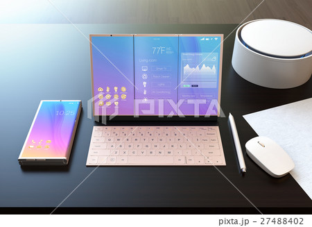 タブレットPCにスマート家電を制御する画面が表示されている 27488402