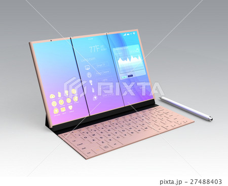 折りたたみ式スマートフォンが展開され、キーボードにドッキングしてノートパソコンのように利用する 折りたたみ式スマートフォンが展開され、キーボードにドッキングしてノートパソコンのように利用する 27488403