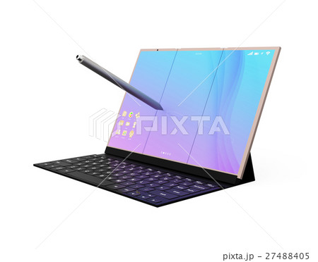 折りたたみ式スマートフォンが展開され、キーボードにドッキングしてノートパソコンのように利用する 折りたたみ式スマートフォンが展開され、キーボードにドッキングしてノートパソコンのように利用する 27488405