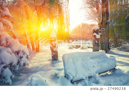 Park bench and trees covered by heavy snow 27490238
