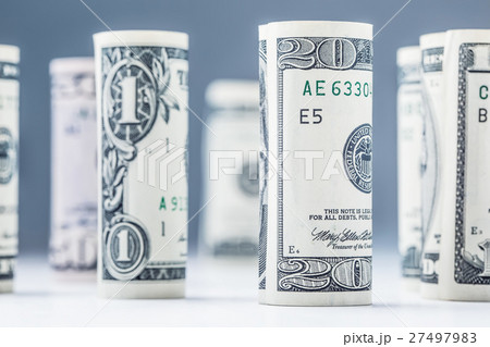Dollar banknotes roll in other positions. US money 27497983