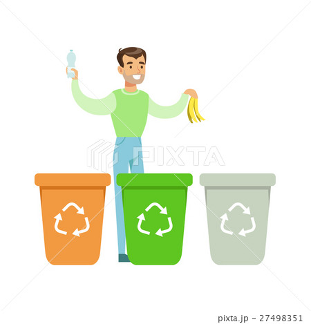 Man Throwing Banana Skin In One Of Three Recycling 27498351