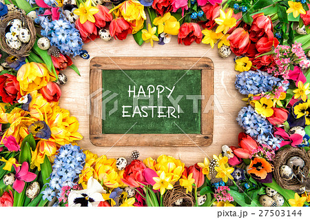 Spring flowers easter eggs. Tulips, narcissus 27503144