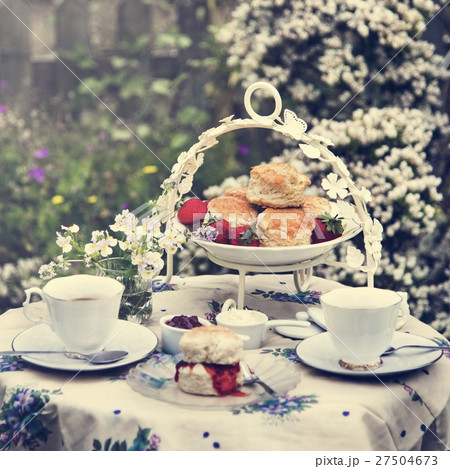 Tea Break Scone Strawberry Jam Garden Outdoors Concept 27504673