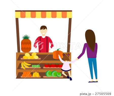 Street seller with stall fruits and vegetables Street seller with stall fruits and vegetables 27505509
