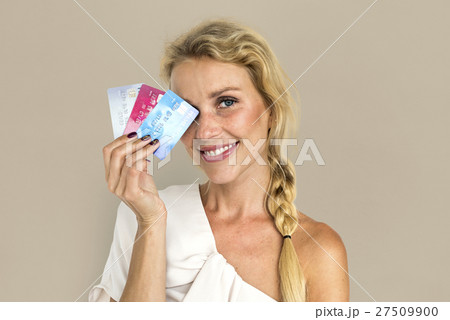 Blonde Girl Holding Credit Cards Concept 27509900
