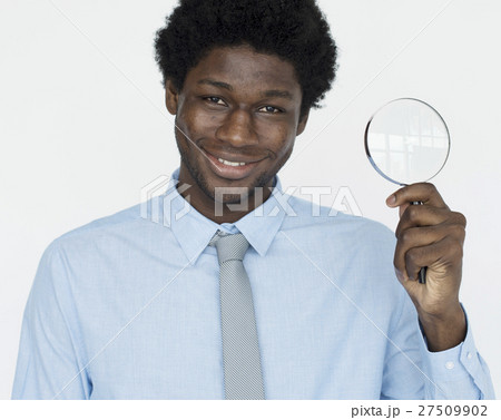 Businessman Holding Magnifying Glass Searching Vision Concept Businessman Holding Magnifying Glass Searching Vision Concept 27509902