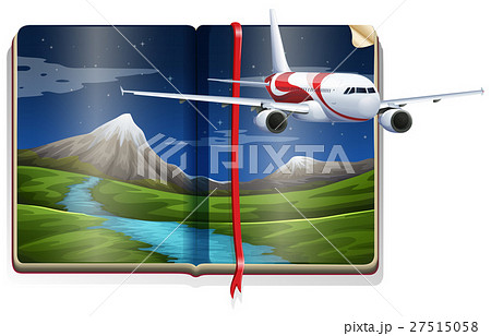Airplane flying over the river scene in the book 27515058