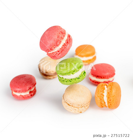 Different types of macaroons in motion falling or 27515722