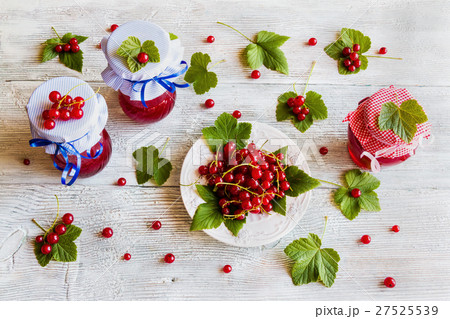 Preserved homemade red currant jam in glass jars 27525539