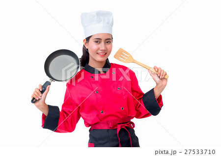 chef woman in red uniform holding cooking utensils 27533710