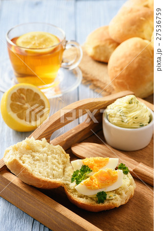 Home breakfast - homemade bread rolls, cup of tea Home breakfast - homemade bread rolls, cup of tea 27536759