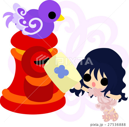可愛い女の子と不思議な小鳥のイラストのイラスト素材