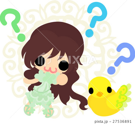 可愛い女の子と不思議な小鳥のイラストのイラスト素材