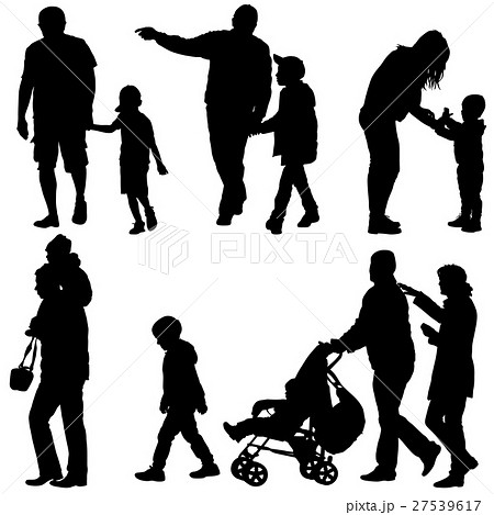 Set black silhouettes Family with pram on white 27539617