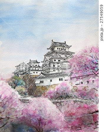 国宝姫路城と桜のスケッチ 姫路城の水彩画のイラスト素材